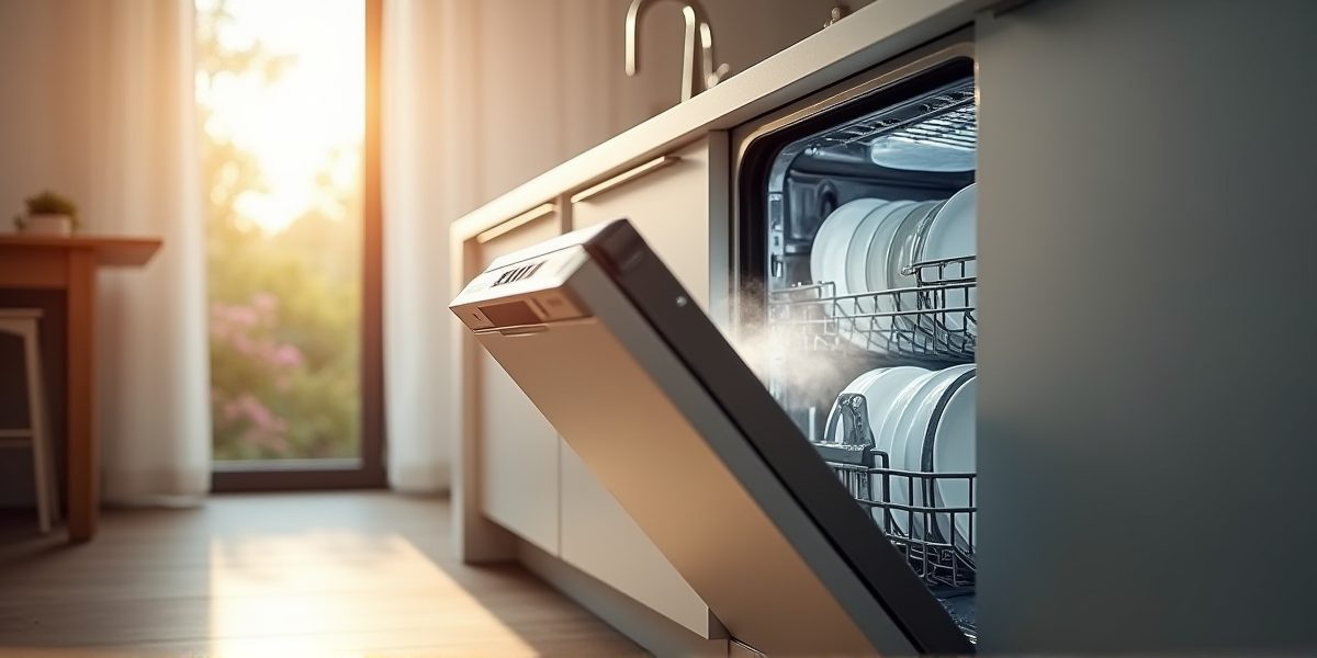 Отдельностоящая посудомоечная машина в углу кухни
